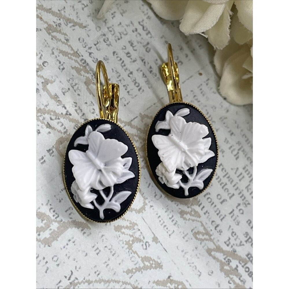 Cameo  Butterfly Gold Boutique Wire Earrings Wedding Bridal Gift Birthday Wife